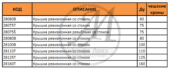 Таблица артикулов и диаметров крышки ревизионной со штоком