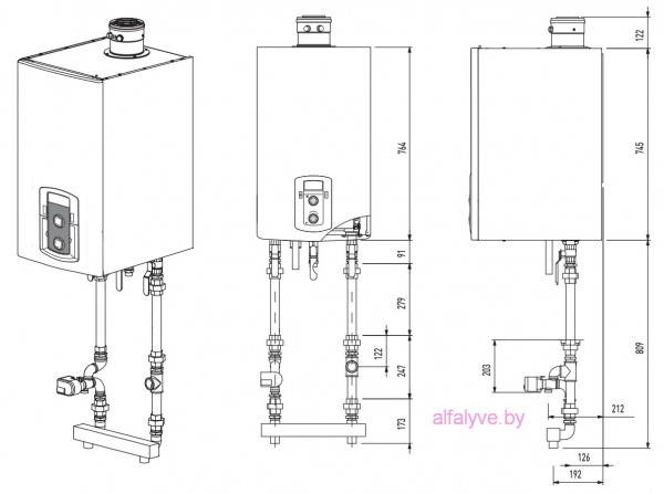 Габаритные размеры и подключения котла Chaffoteaux Talia Green Evo System HP 45-65 FF